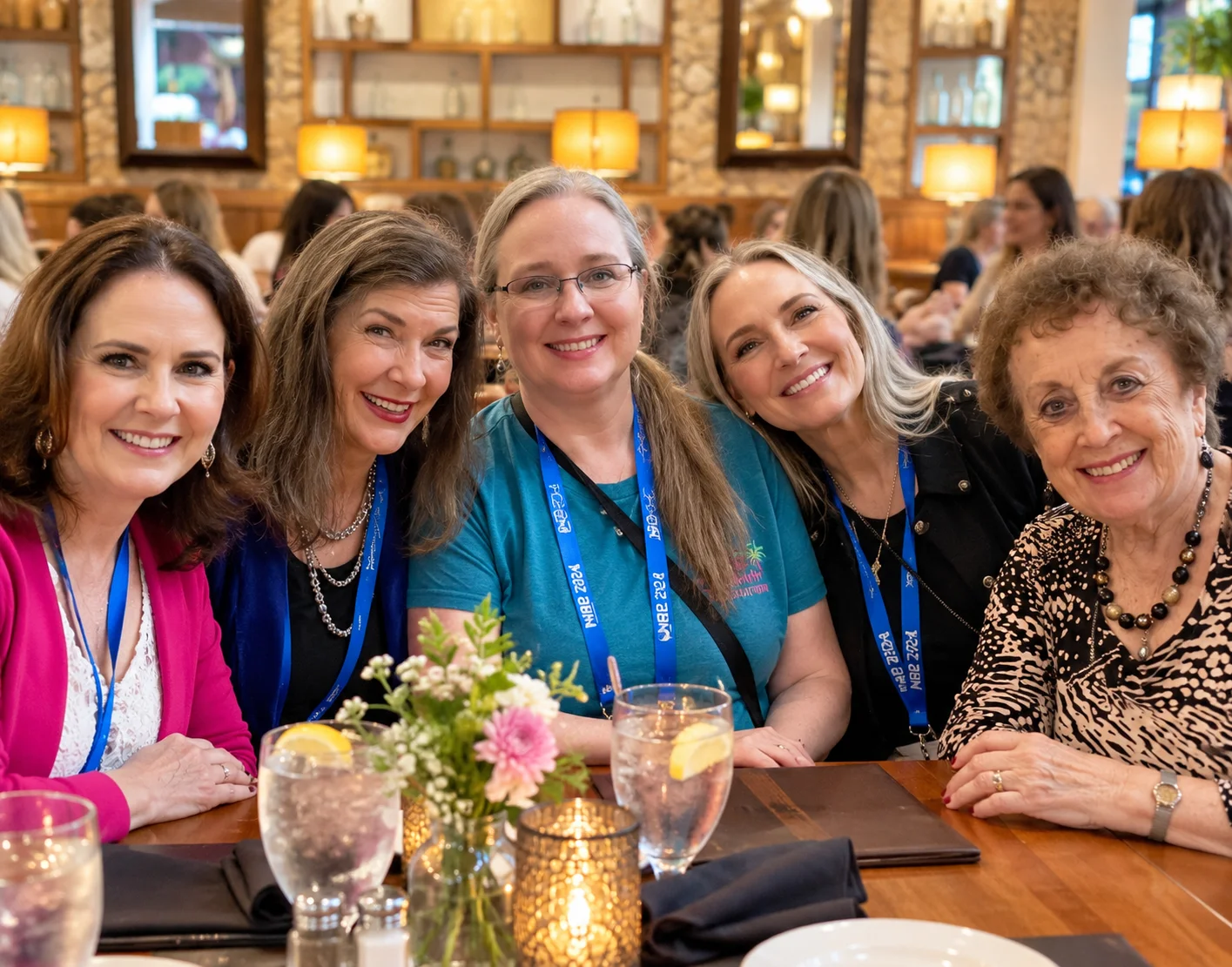 Five AWSA members smiling together at a conference dinner table