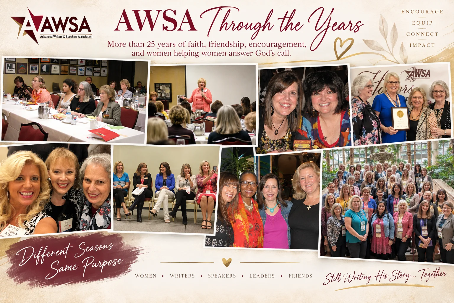 AWSA Through the Years — a collage of member gatherings with the words ‘Different seasons, same purpose’
